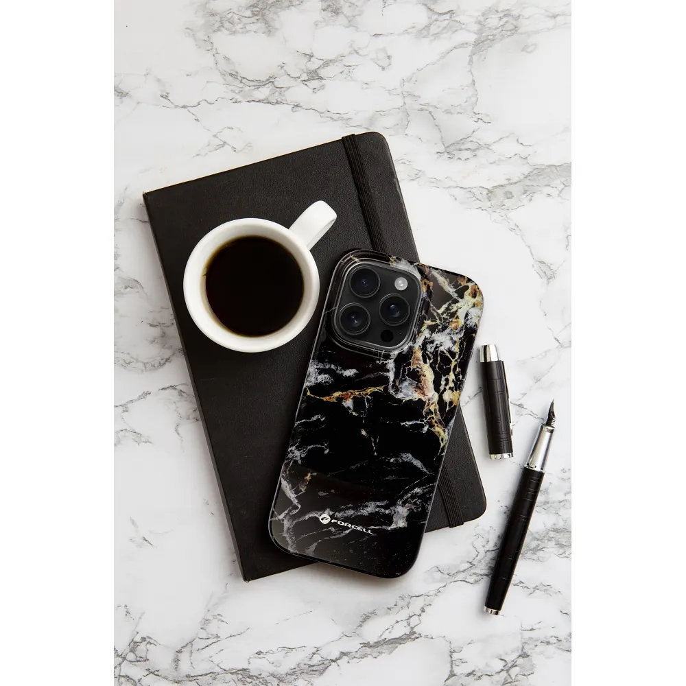 Case passend für iPhone 15 PRO Forcell F-Protect Mirage compatibl with Magsafe Military Drop-Test black marble
