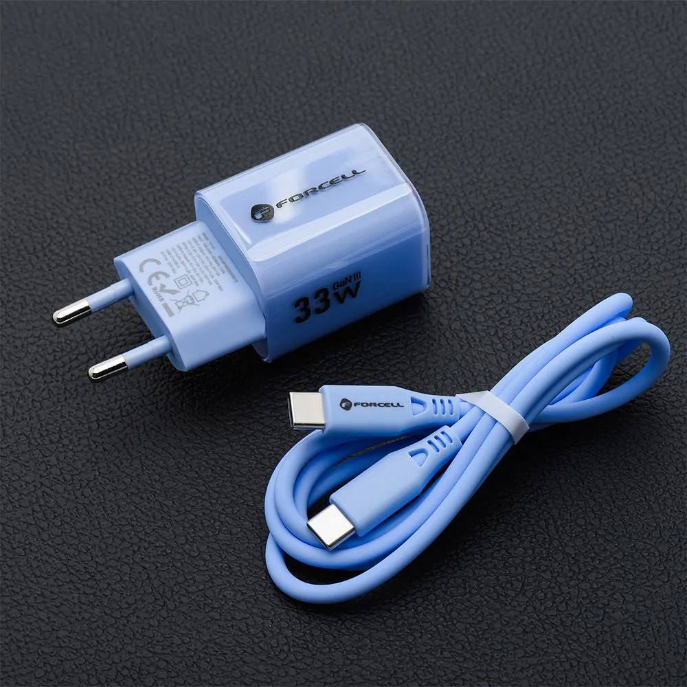 Phone charger Forcell F-Energy GaN III Crystal Color USB C + USB A QC4.0 PD 33W + silicone cable USB C to USB C VT-41 blue