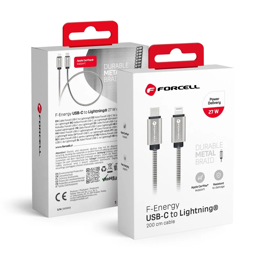 FORCELL Kabel Typ C zu iPhone Lightning 8-polig PD 27W Metall C238 1m silber