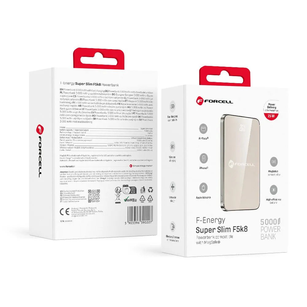 Powerbank kompatibel mit MagSafe Forcell F-Energy SuperSlim F5K8 QC4.0 PD3.0 15W 5000 mAh titanium desert