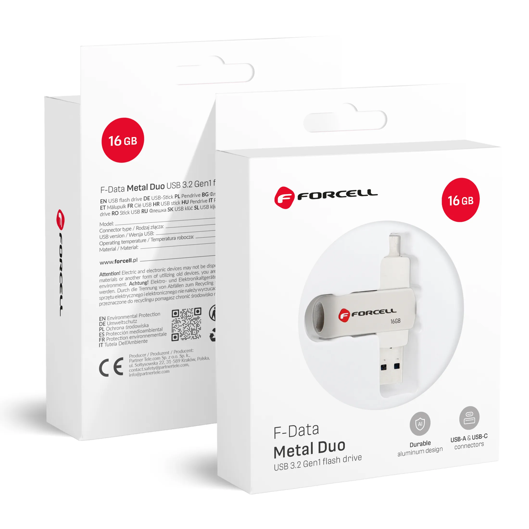 Pendrive 16GB USB 3.2 Gen 1 (USB A / USB C) Forcell F-Data Metal Duo silver