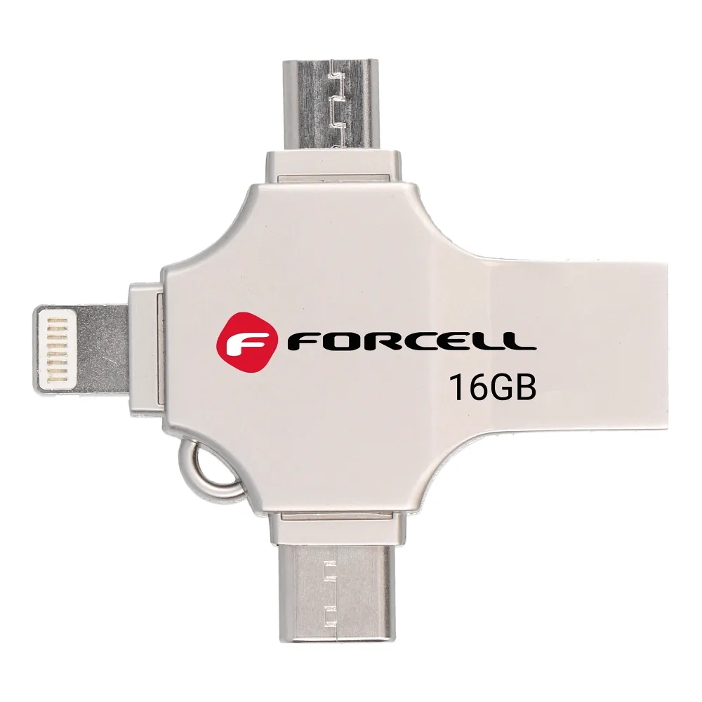 Pendrive 16GB USB 3.2 Gen 1 (USB A / USB C / Lightning / Micro USB) Forcell F-Data Metal Quad silver