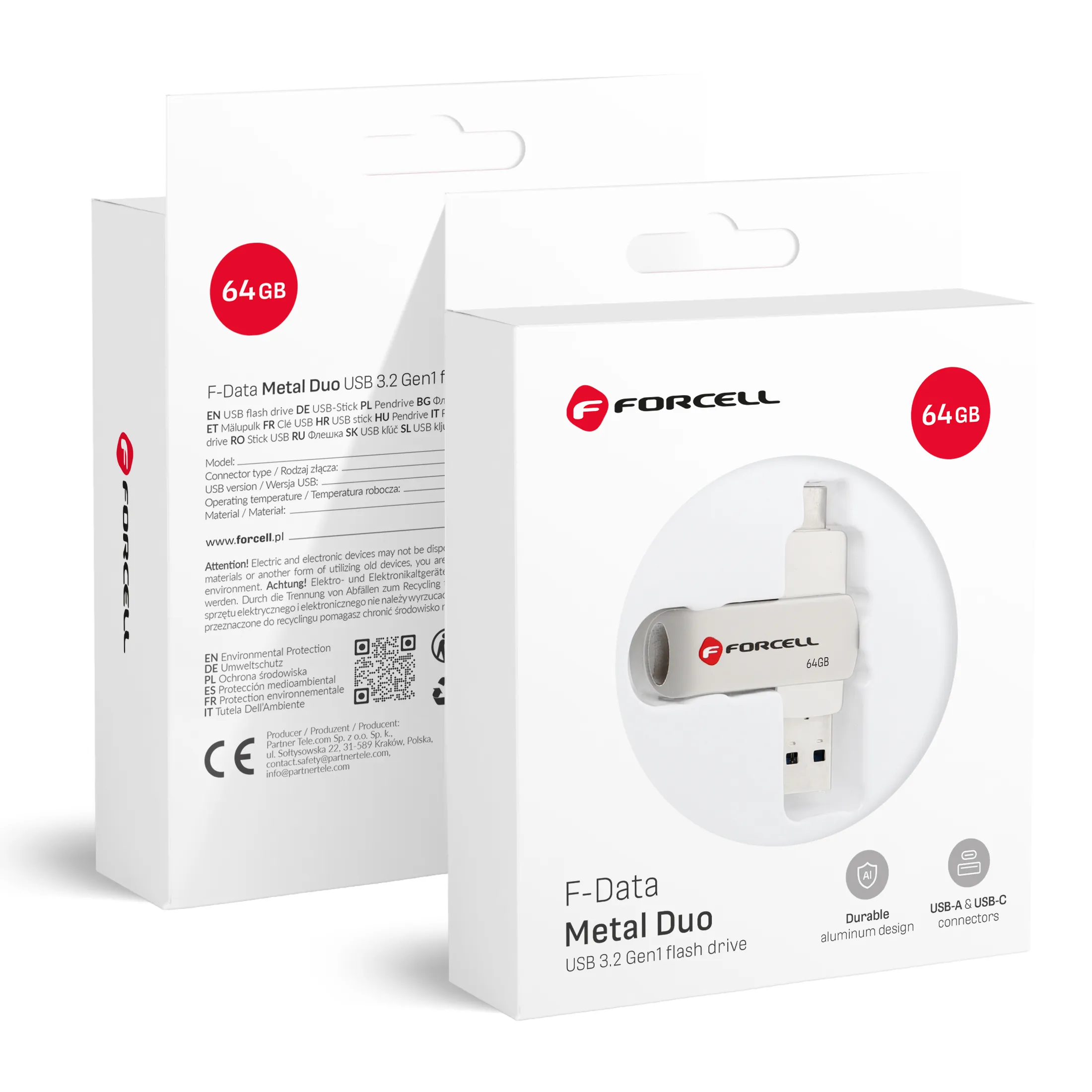 Pendrive 64GB USB 3.2 Gen 1 (USB A / USB C) Forcell F-Data Metal Duo silver