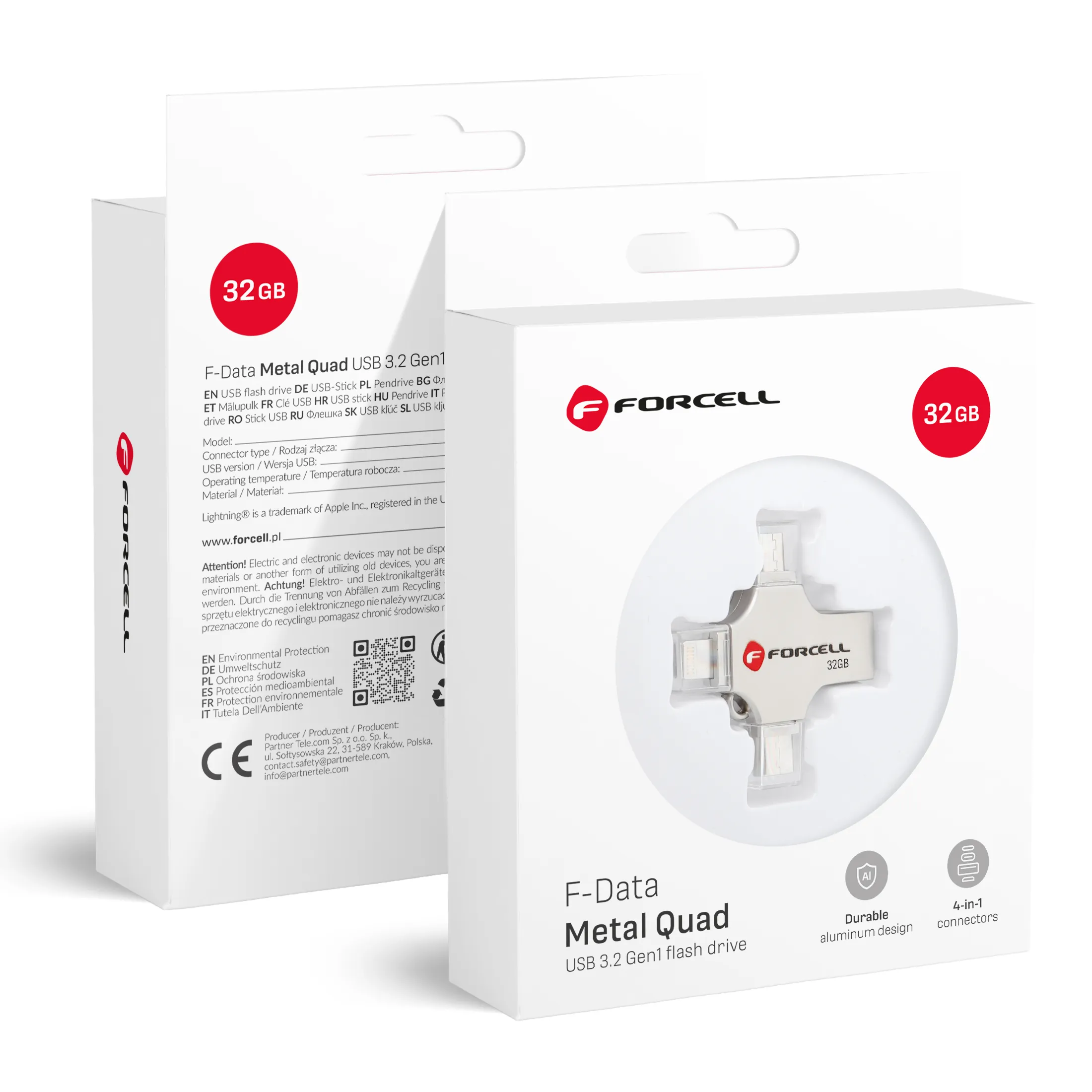 Pendrive 32GB USB 3.2 Gen 1 (USB A / USB C / Lightning / Micro USB) Forcell F-Data Metal Quad silver