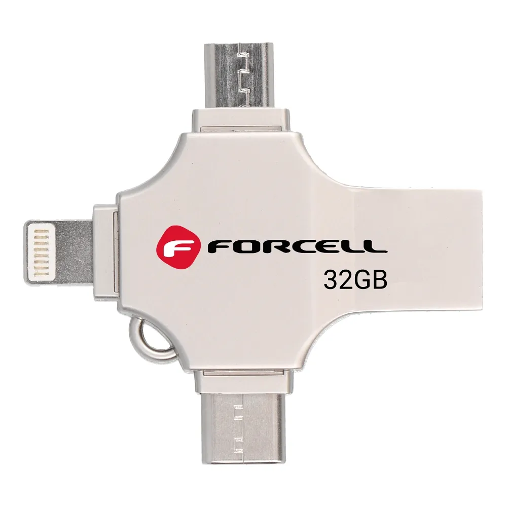 Pendrive 32GB USB 3.2 Gen 1 (USB A / USB C / Lightning / Micro USB) Forcell F-Data Metal Quad silver