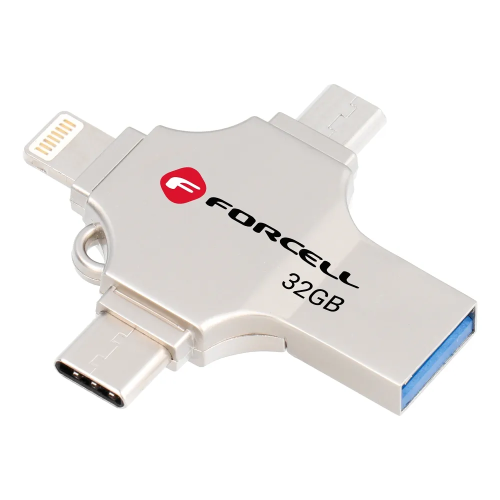 Pendrive 32GB USB 3.2 Gen 1 (USB A / USB C / Lightning / Micro USB) Forcell F-Data Metal Quad silver
