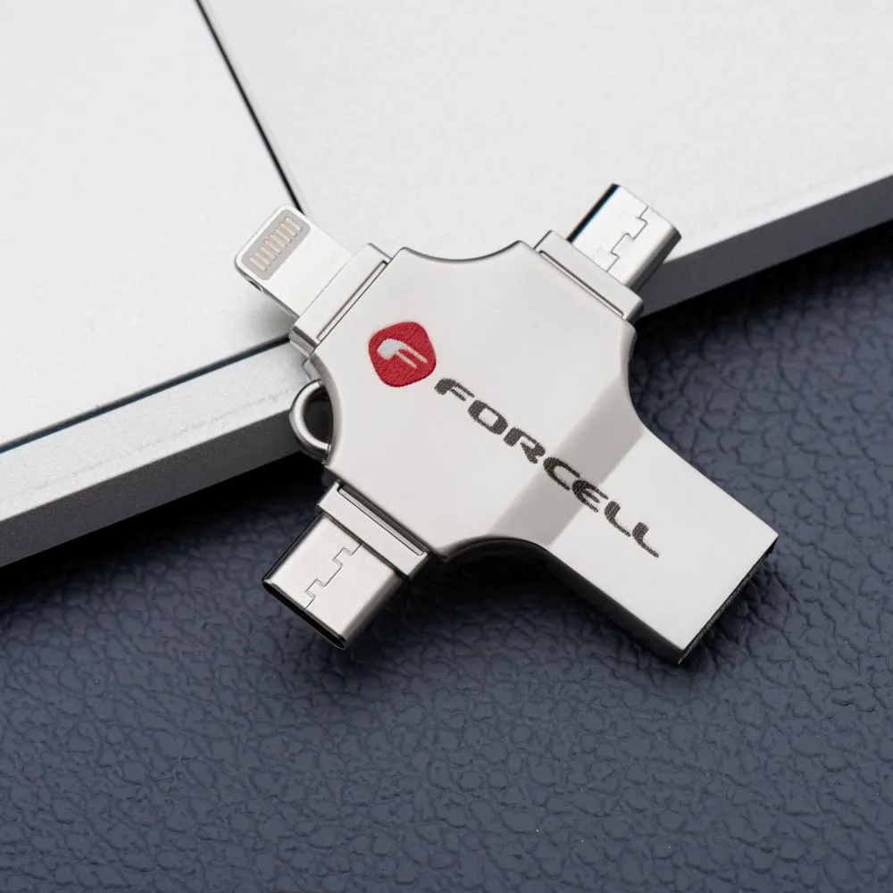 Pendrive 64GB USB 3.2 Gen 1 (USB A / USB C / Lightning / Micro USB) Forcell F-Data Metal Quad silver