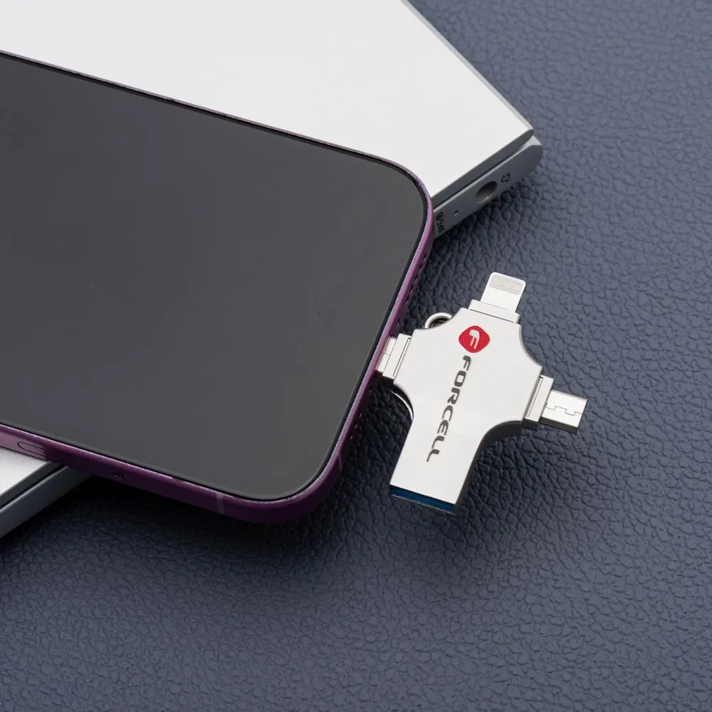 Pendrive 64GB USB 3.2 Gen 1 (USB A / USB C / Lightning / Micro USB) Forcell F-Data Metal Quad silver