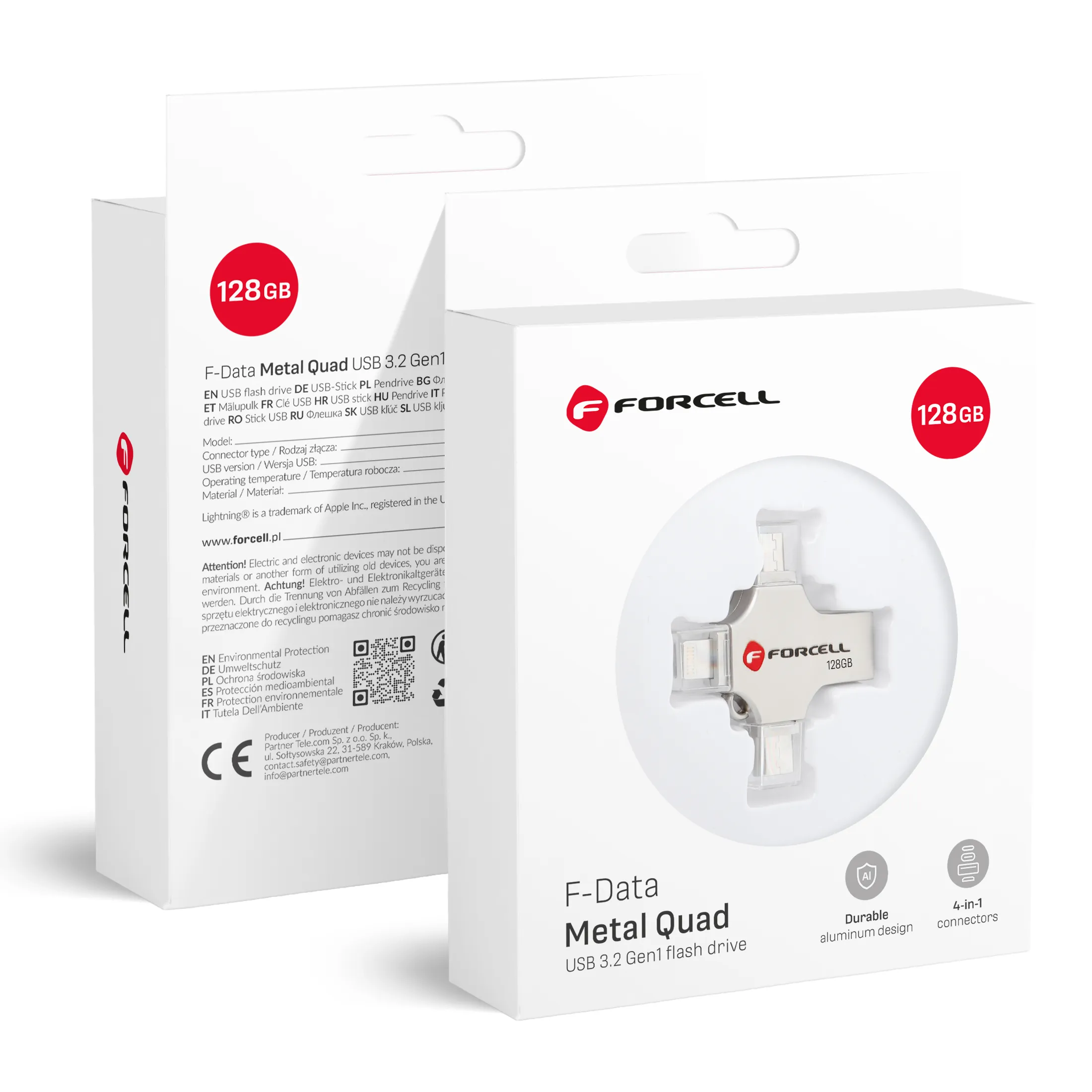 Pendrive 128GB USB 3.2 Gen 1 (USB A / USB C / Lightning / Micro USB) Forcell F-Data Metal Quad silver