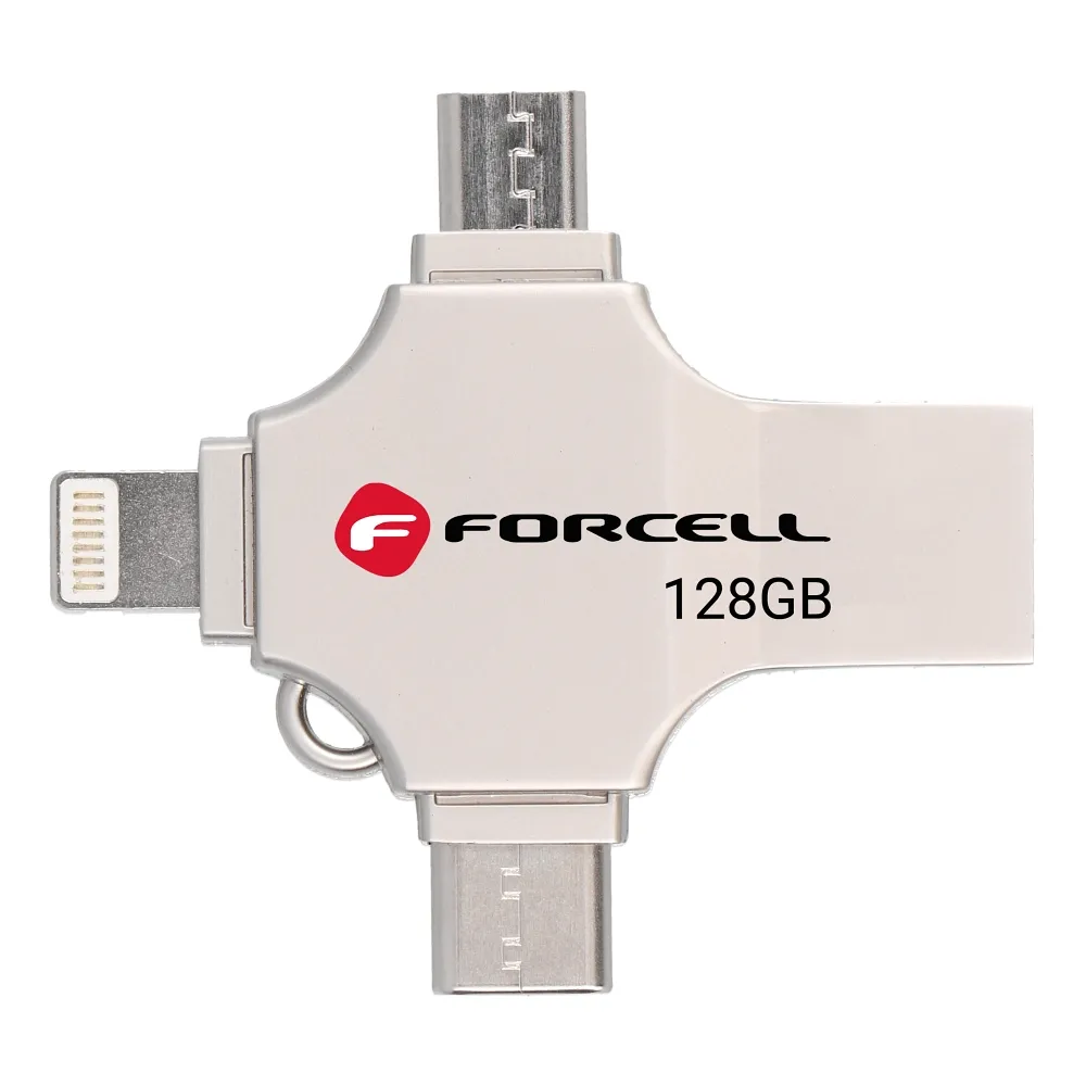 Pendrive 128GB USB 3.2 Gen 1 (USB A / USB C / Lightning / Micro USB) Forcell F-Data Metal Quad silver