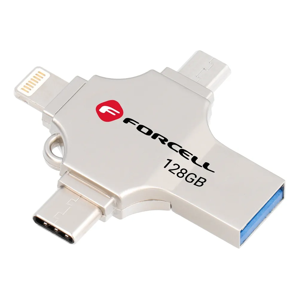 Pendrive 128GB USB 3.2 Gen 1 (USB A / USB C / Lightning / Micro USB) Forcell F-Data Metal Quad silver