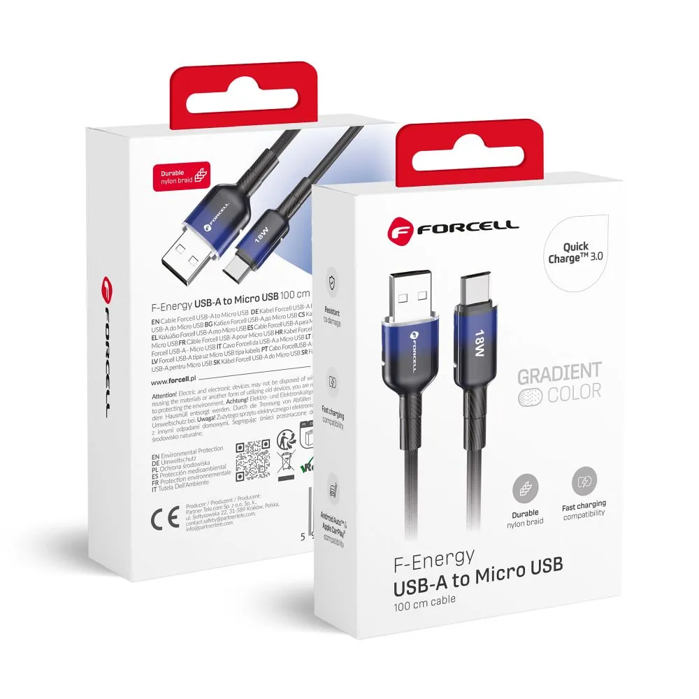 Cable USB A to Micro USB Forcell F-Energy QC3.0 2,4A 18W Gradient 1 m C351 black