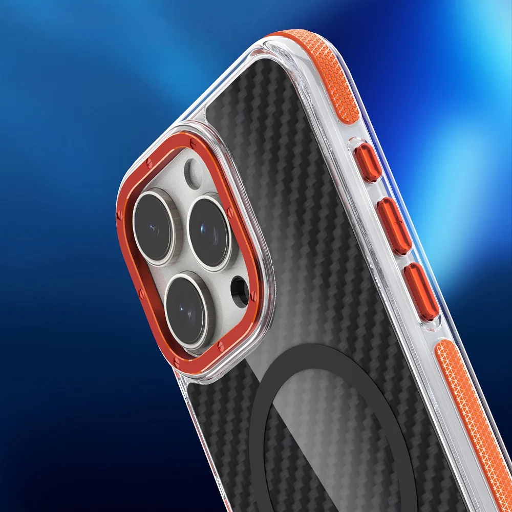 Case passend für iPhone 17 Pro / 18 Pro (low camera edge) Fiber kompatibel mit MagSafe orange