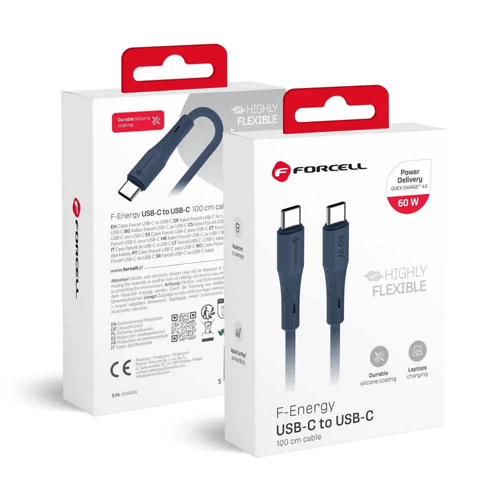 Cable USB C to USB C Forcell F-Energy QC4.0 PD 3A 60W Silicone 1 m C344 navy blue