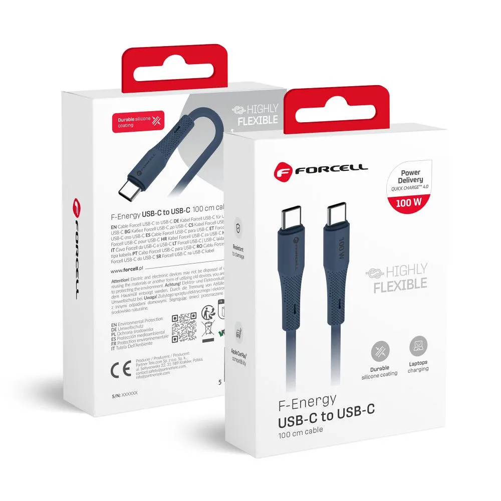 Cable USB C to USB C Forcell F-Energy QC4.0 PD 5A 100W Silicone 1 m C347 navy blue