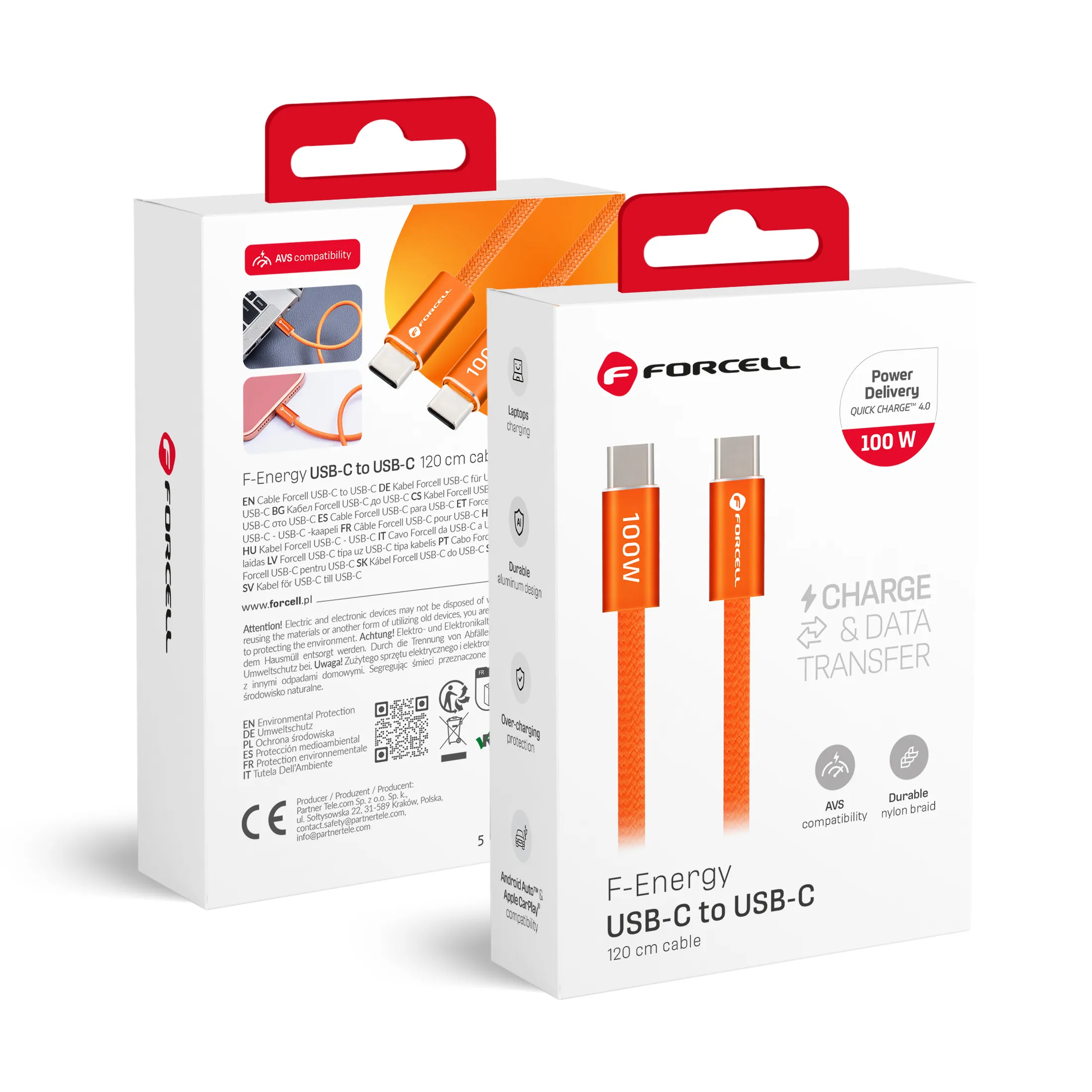 Cable USB C to USB C Forcell F-Energy QC4.0 PD 5A 100W Cafule Color 1,2 m ACYH23 orange