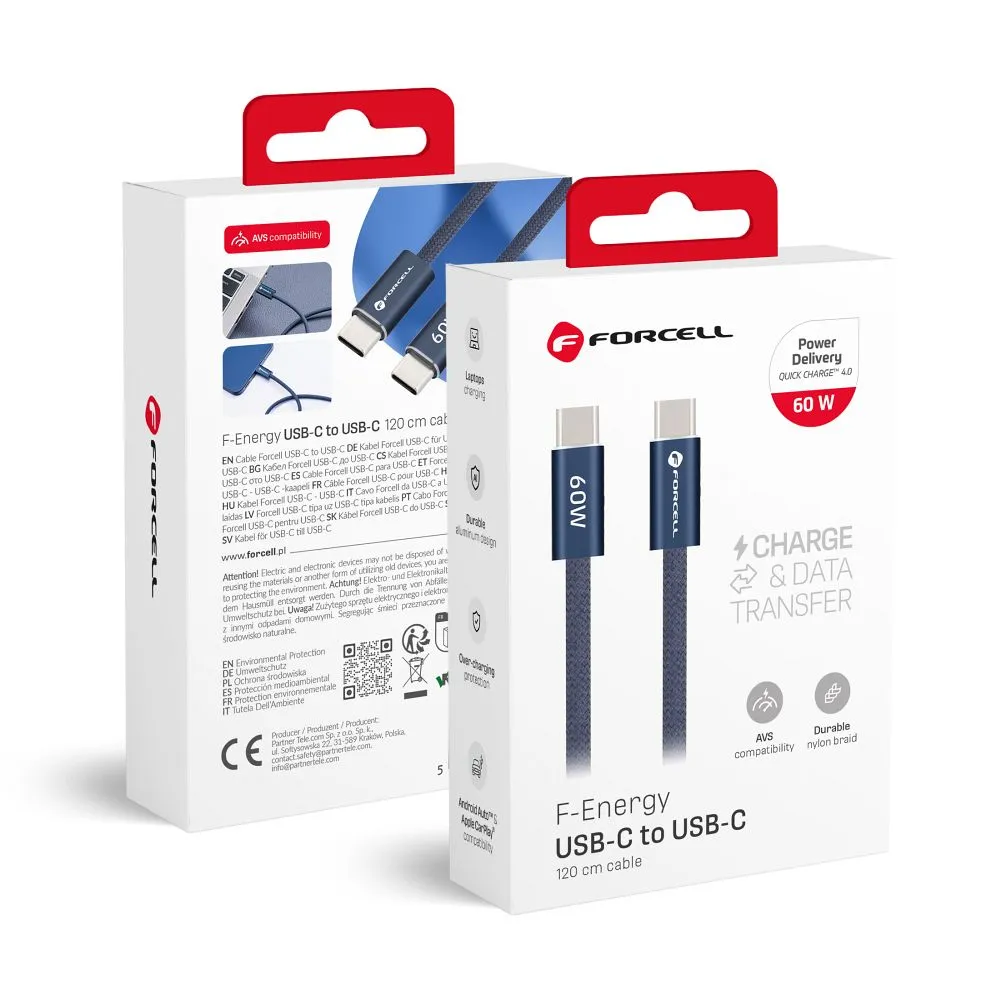 Cable USB C to USB C Forcell F-Energy QC4.0 PD 3A 60W Cafule Color 1,2 m ACYH23 dark blue