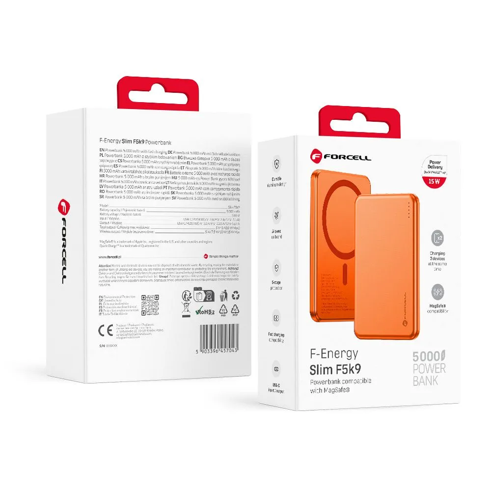 Powerbank kompatibel mit MagSafe Forcell F-Energy Slim F5K9 QC4.0 PD3.0 15W 5000 mAh orange