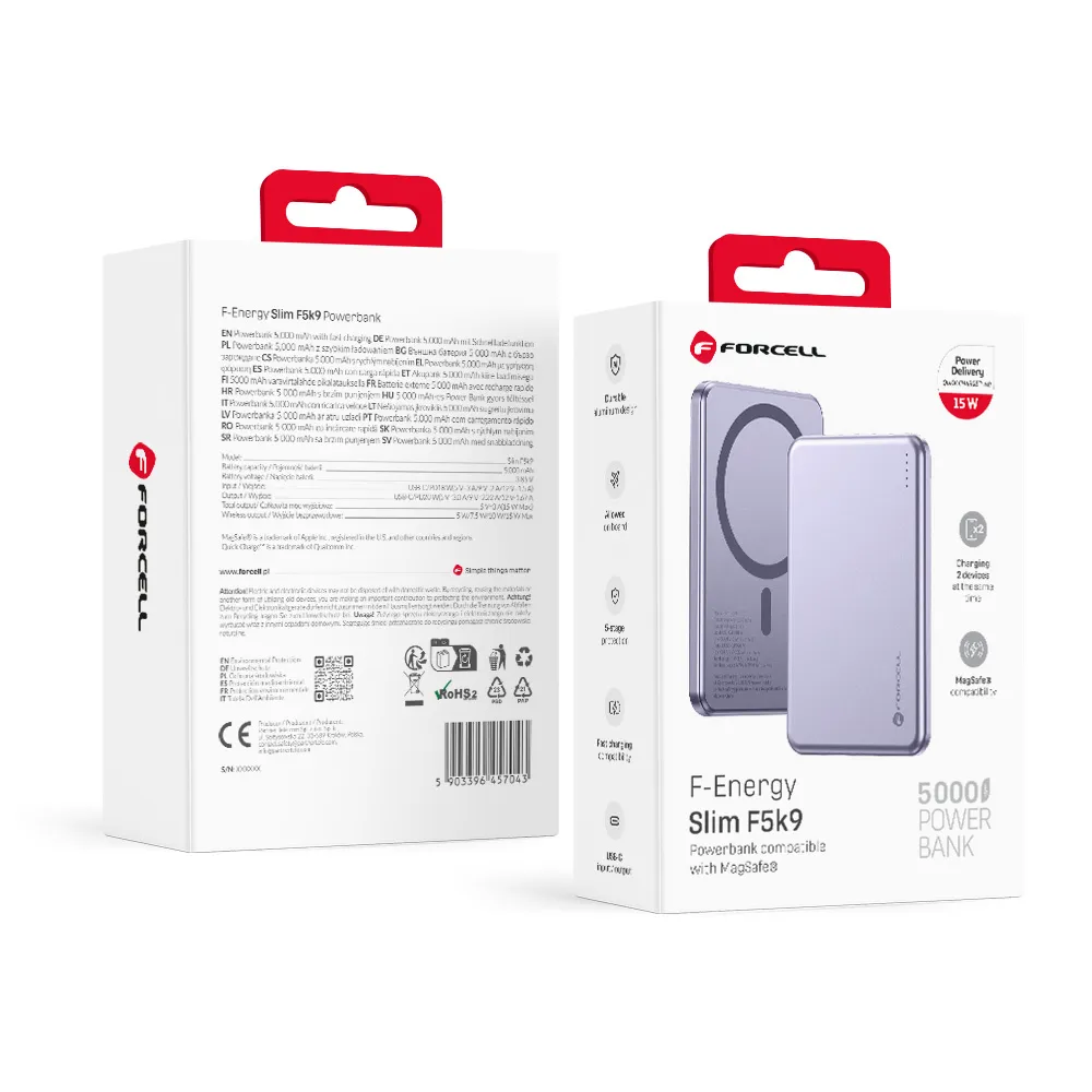 Powerbank kompatibel mit MagSafe Forcell F-Energy Slim F5K9 QC4.0 PD3.0 15W 5000 mAh purple