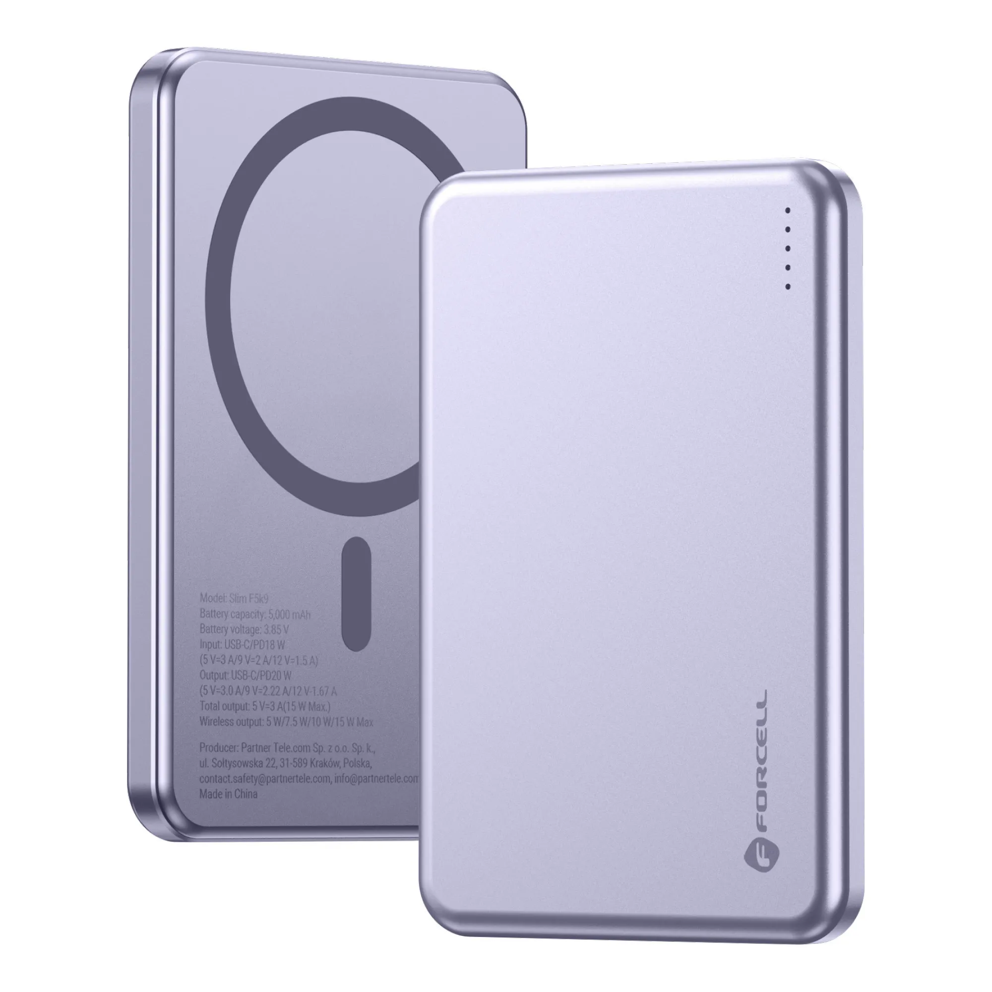 Powerbank kompatibel mit MagSafe Forcell F-Energy Slim F5K9 QC4.0 PD3.0 15W 5000 mAh purple