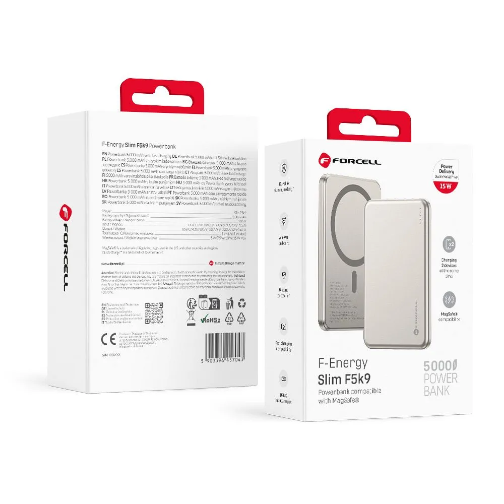Powerbank kompatibel mit MagSafe Forcell F-Energy Slim F5K9 QC4.0 PD3.0 15W 5000 mAh cloud dancer