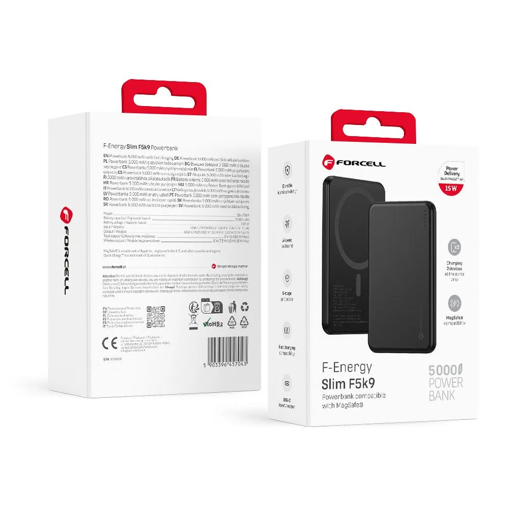 Powerbank kompatibel mit MagSafe Forcell F-Energy Slim F5K9 QC4.0 PD3.0 15W 5000 mAh black