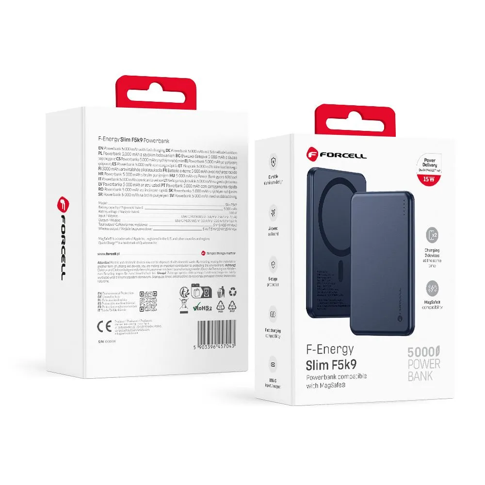 Powerbank kompatibel mit MagSafe Forcell F-Energy Slim F5K9 QC4.0 PD3.0 15W 5000 mAh navy blue
