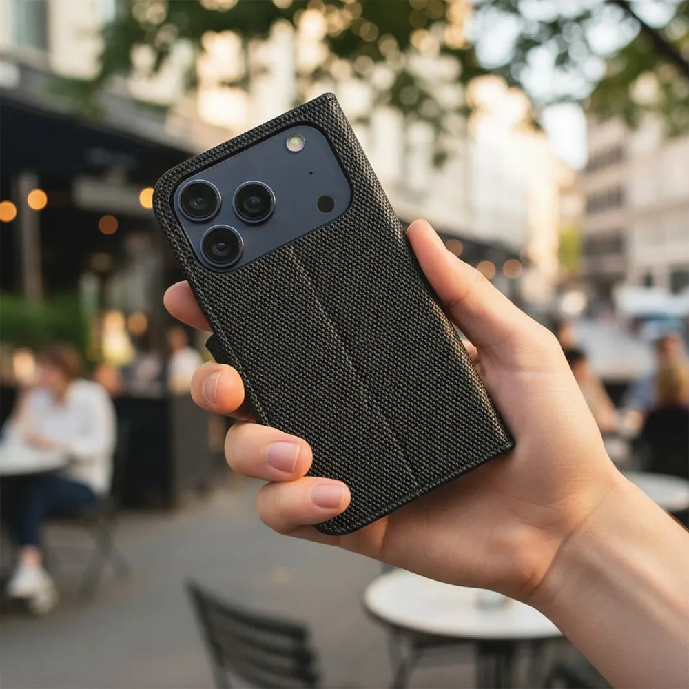 Flip case passend für iPhone 17 PRO / 18 PRO 4Card RFID anti-theft tech fabric black