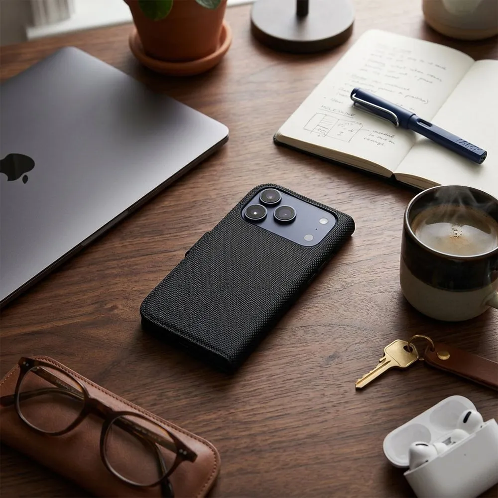 Flip case passend für iPhone 17 PRO MAX / 18 PRO MAX 4Card RFID anti-theft tech fabric black