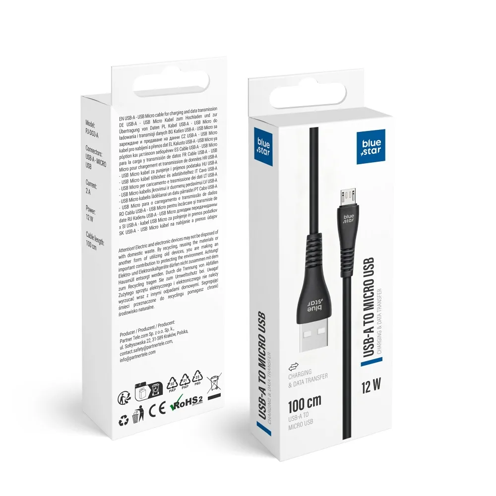 Cable USB A to Micro USB Blue Star 2A 12W 1 m PJ-DG3-A black