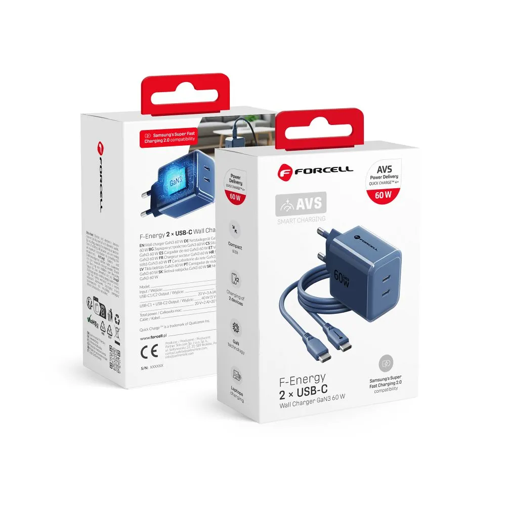 Phone charger Forcell F-Energy GaN III Crystal Color 2x USB C AVS SSFC3.0 60W + silicone cable USB C to USB C VT-60 dark blue