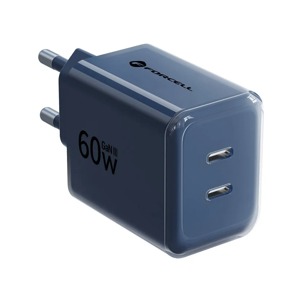 Phone charger Forcell F-Energy GaN III Crystal Color 2x USB C AVS SSFC3.0 60W + silicone cable USB C to USB C VT-60 dark blue
