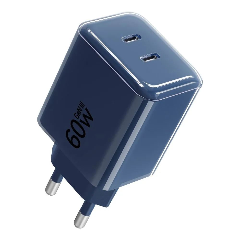 Phone charger Forcell F-Energy GaN III Crystal Color 2x USB C AVS SSFC3.0 60W + silicone cable USB C to USB C VT-60 dark blue