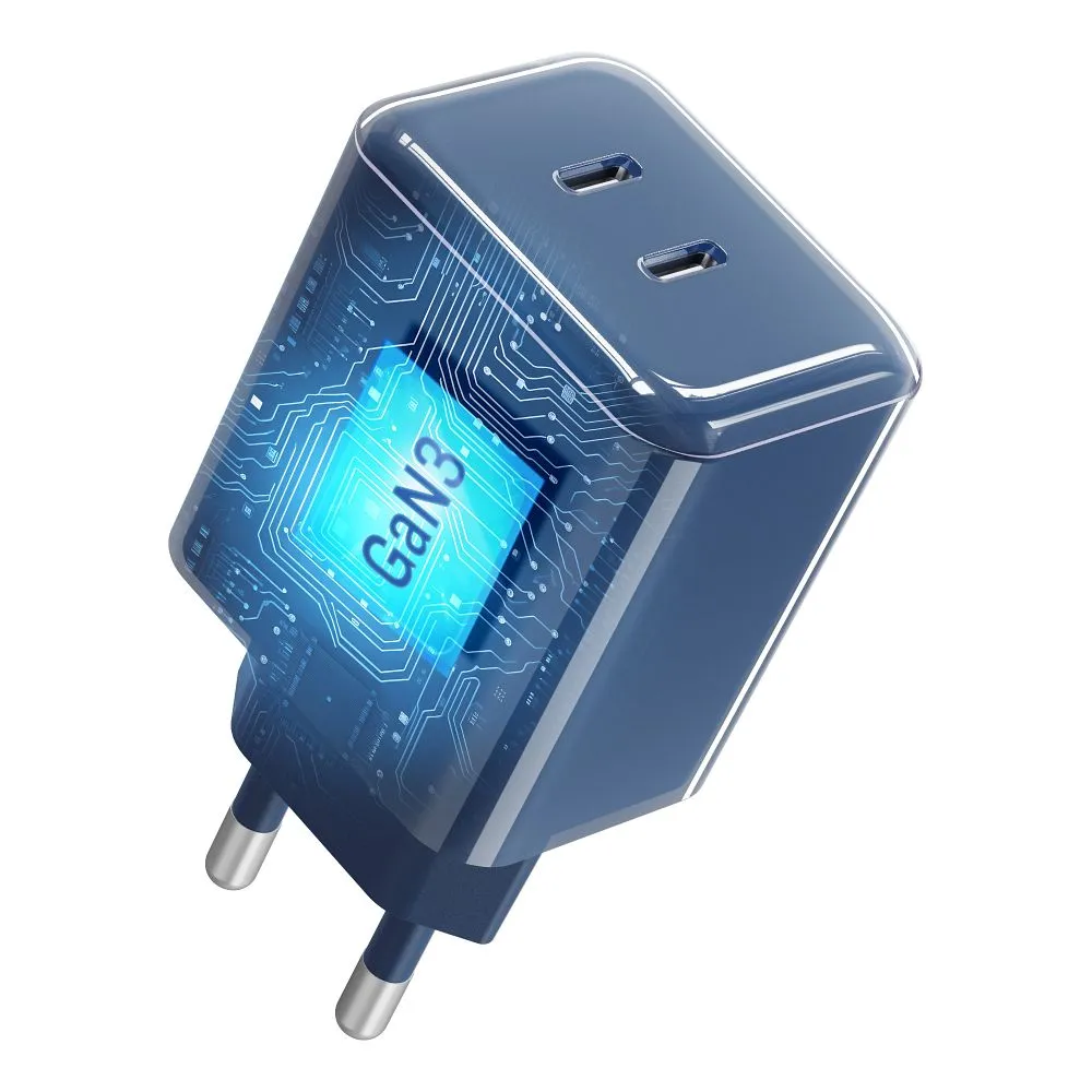 Phone charger Forcell F-Energy GaN III Crystal Color 2x USB C AVS SSFC3.0 60W + silicone cable USB C to USB C VT-60 dark blue