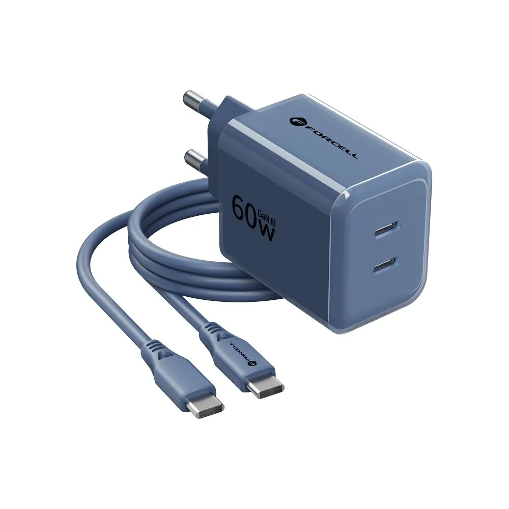 Phone charger Forcell F-Energy GaN III Crystal Color 2x USB C AVS SSFC3.0 60W + silicone cable USB C to USB C VT-60 dark blue