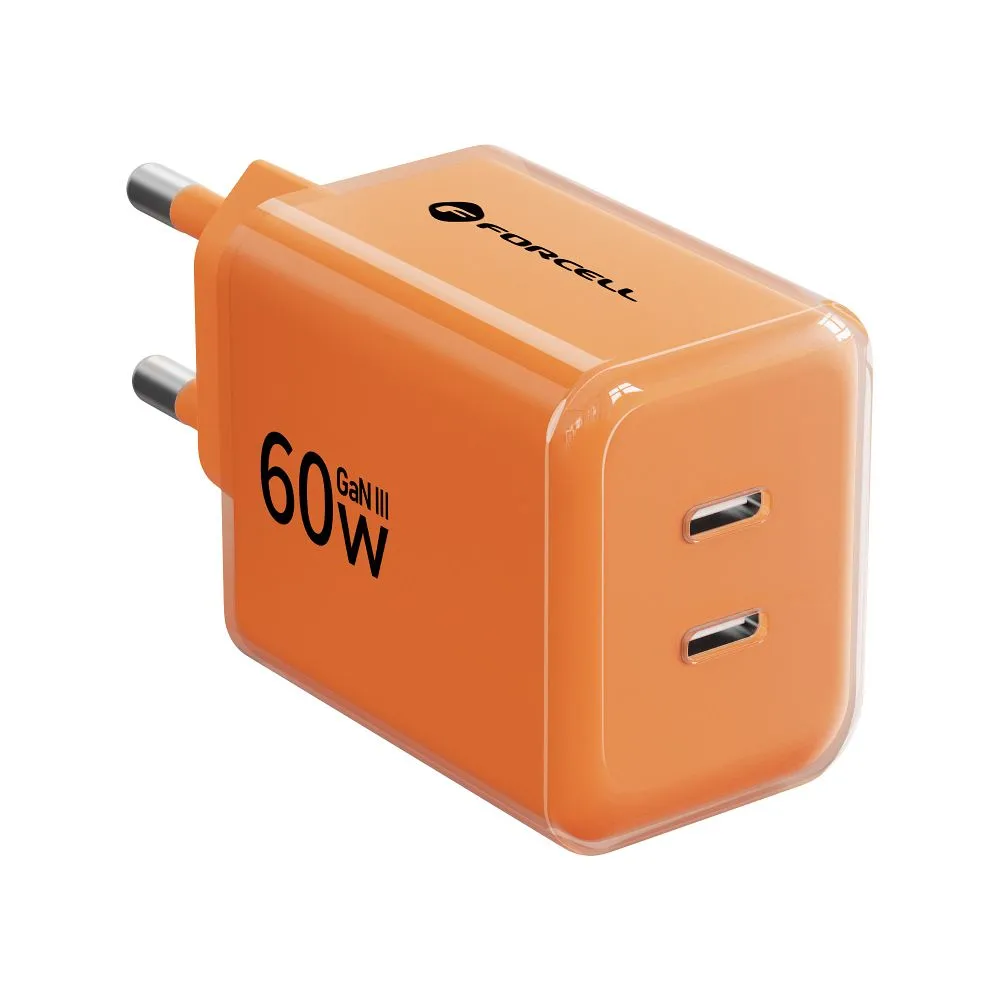 Phone charger Forcell F-Energy GaN III Crystal Color 2x USB C AVS SSFC3.0 60W + silicone cable USB C to USB C VT-60 orange