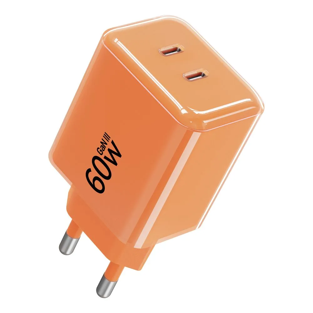 Phone charger Forcell F-Energy GaN III Crystal Color 2x USB C AVS SSFC3.0 60W + silicone cable USB C to USB C VT-60 orange