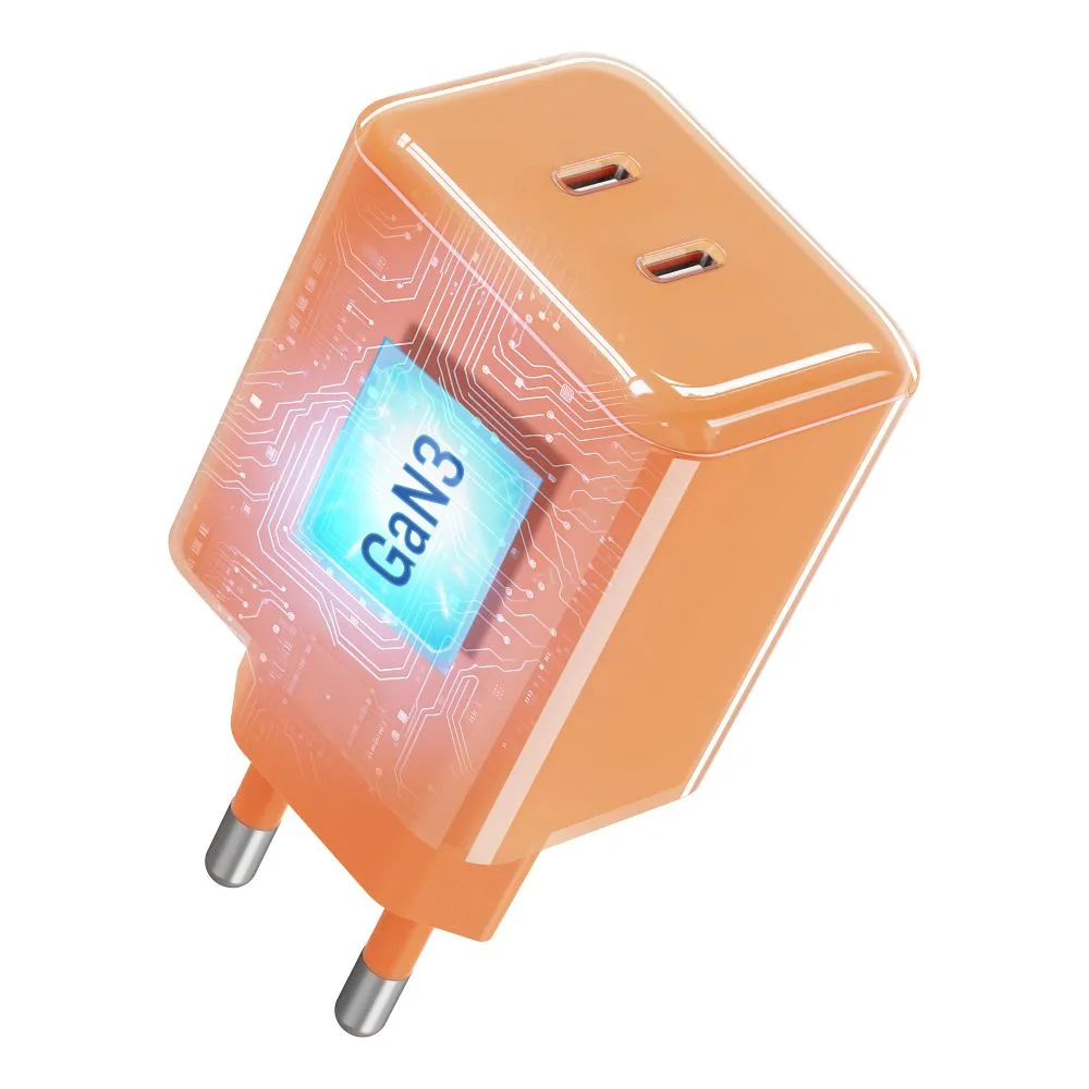Phone charger Forcell F-Energy GaN III Crystal Color 2x USB C AVS SSFC3.0 60W + silicone cable USB C to USB C VT-60 orange