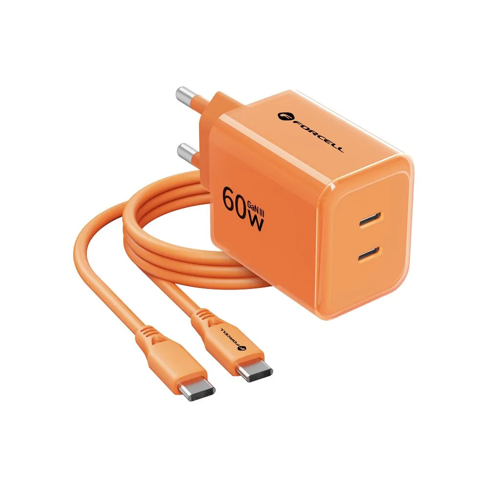 Phone charger Forcell F-Energy GaN III Crystal Color 2x USB C AVS SSFC3.0 60W + silicone cable USB C to USB C VT-60 orange