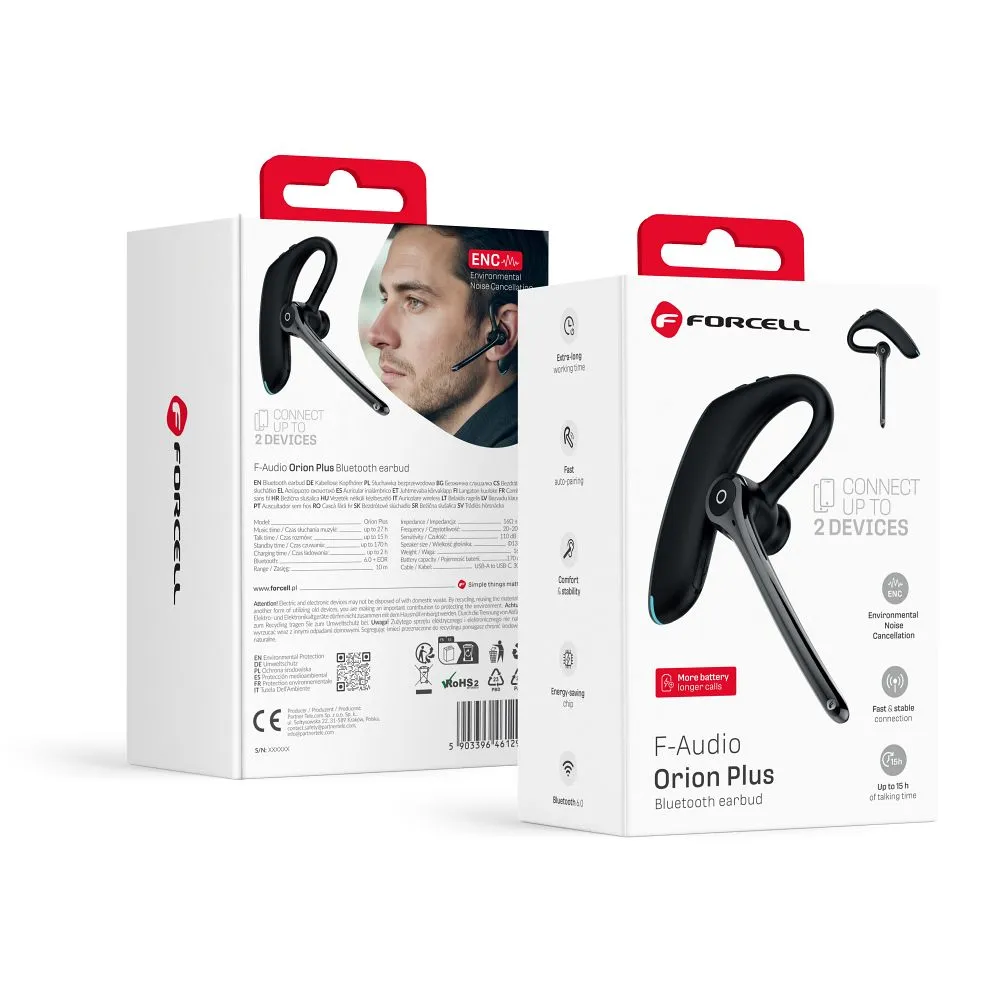 Wireless mono headset (ENC, Multipoint, BT 6.0 + EDR, 170mah) FORCELL Orion Plus black