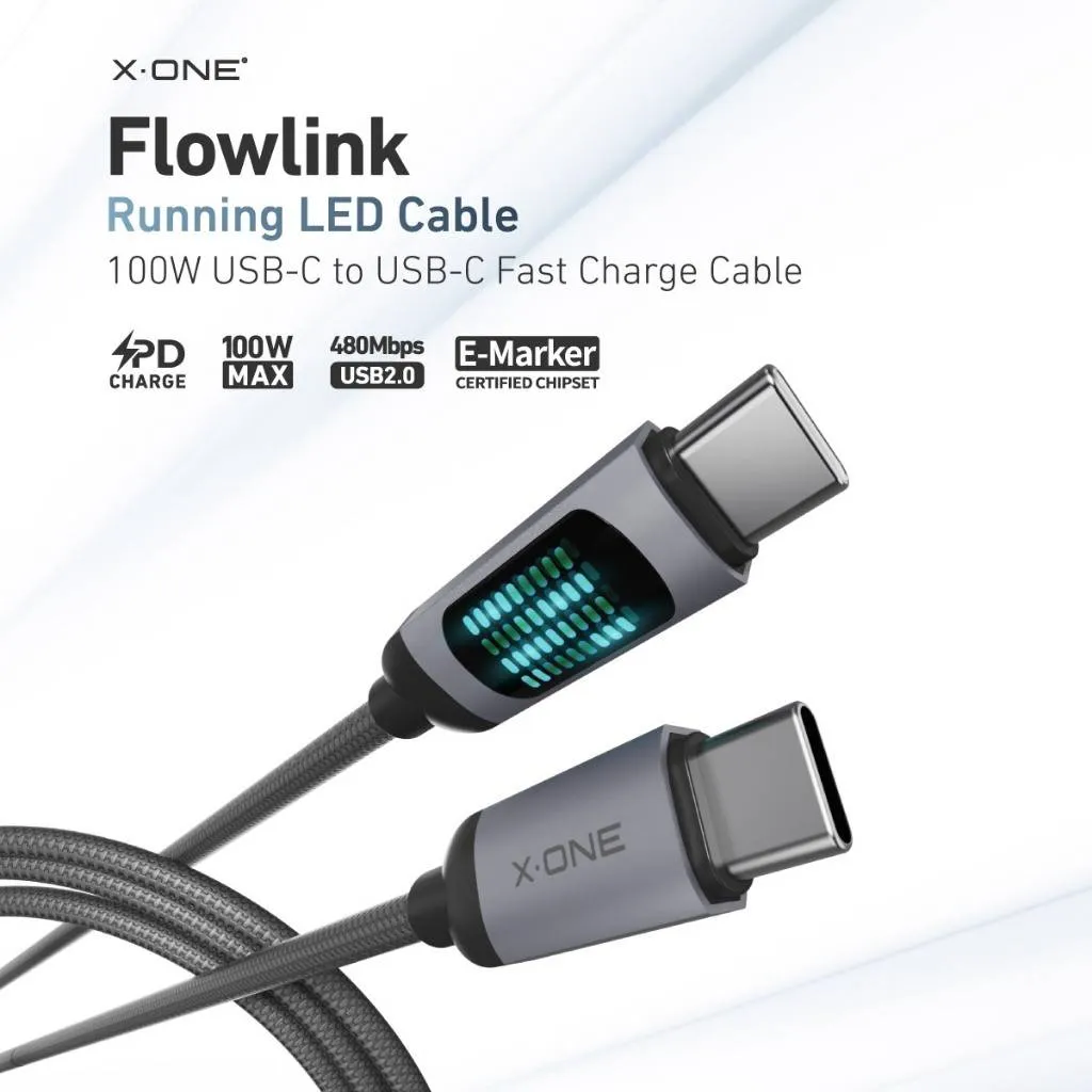 X-ONE FlowLink Running LED data cable - type C to C - 5A max 100W 1,2m black