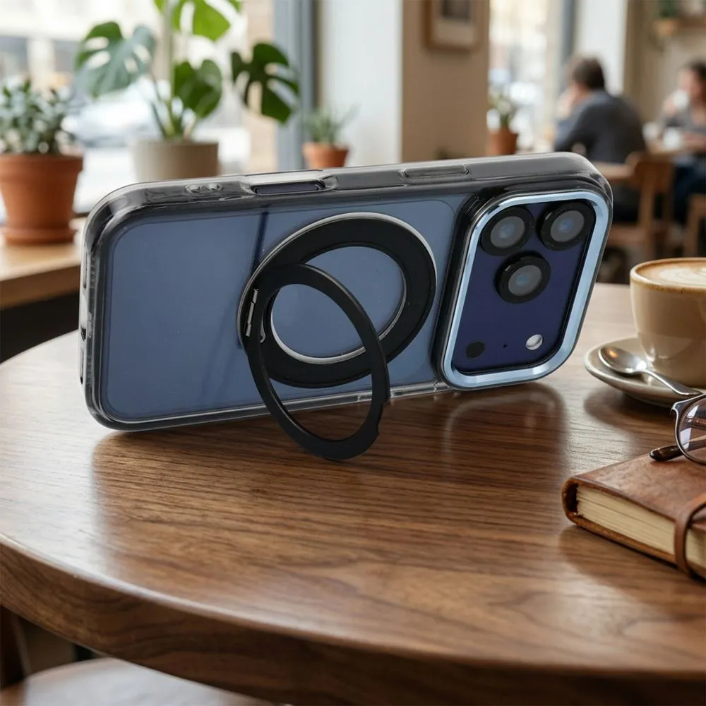 Case passend für iPhone 14 PRO Frame Circle Stand kompatibel mit MagSafe black