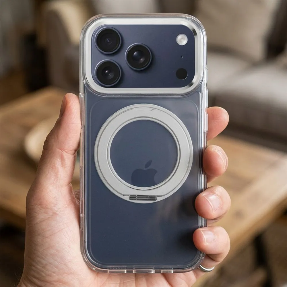 Case passend für iPhone 16 PRO Frame Circle Stand kompatibel mit MagSafe transparent
