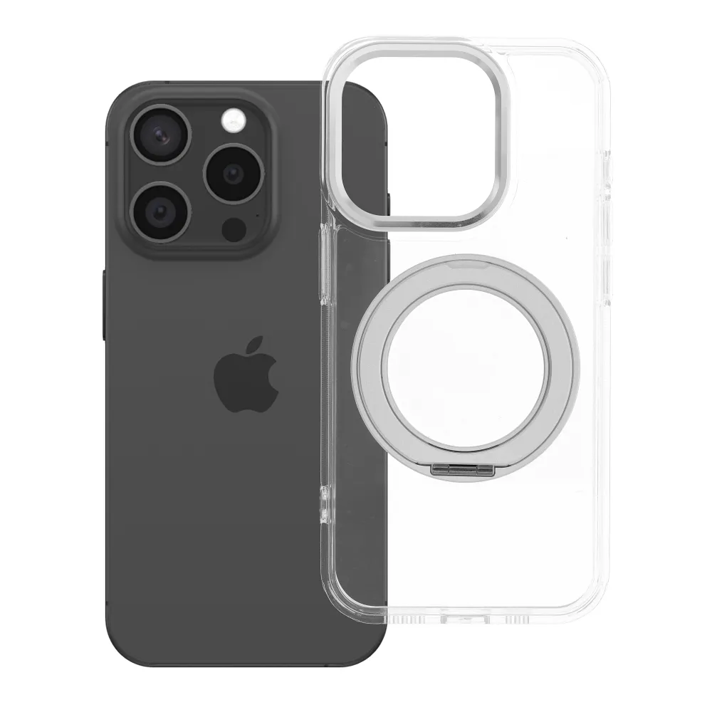 Case passend für iPhone 15 PRO Frame Circle Stand kompatibel mit MagSafe transparent