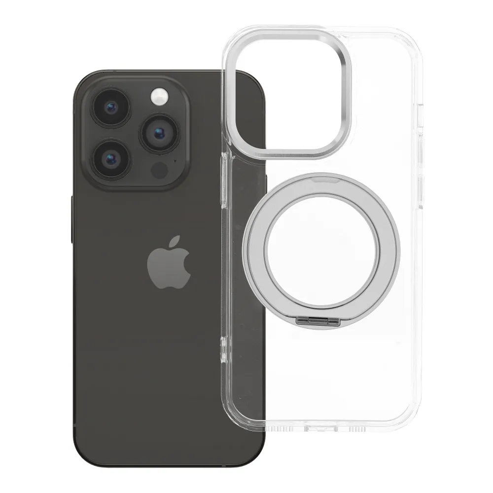 Case passend für iPhone 14 PRO Frame Circle Stand kompatibel mit MagSafe transparent