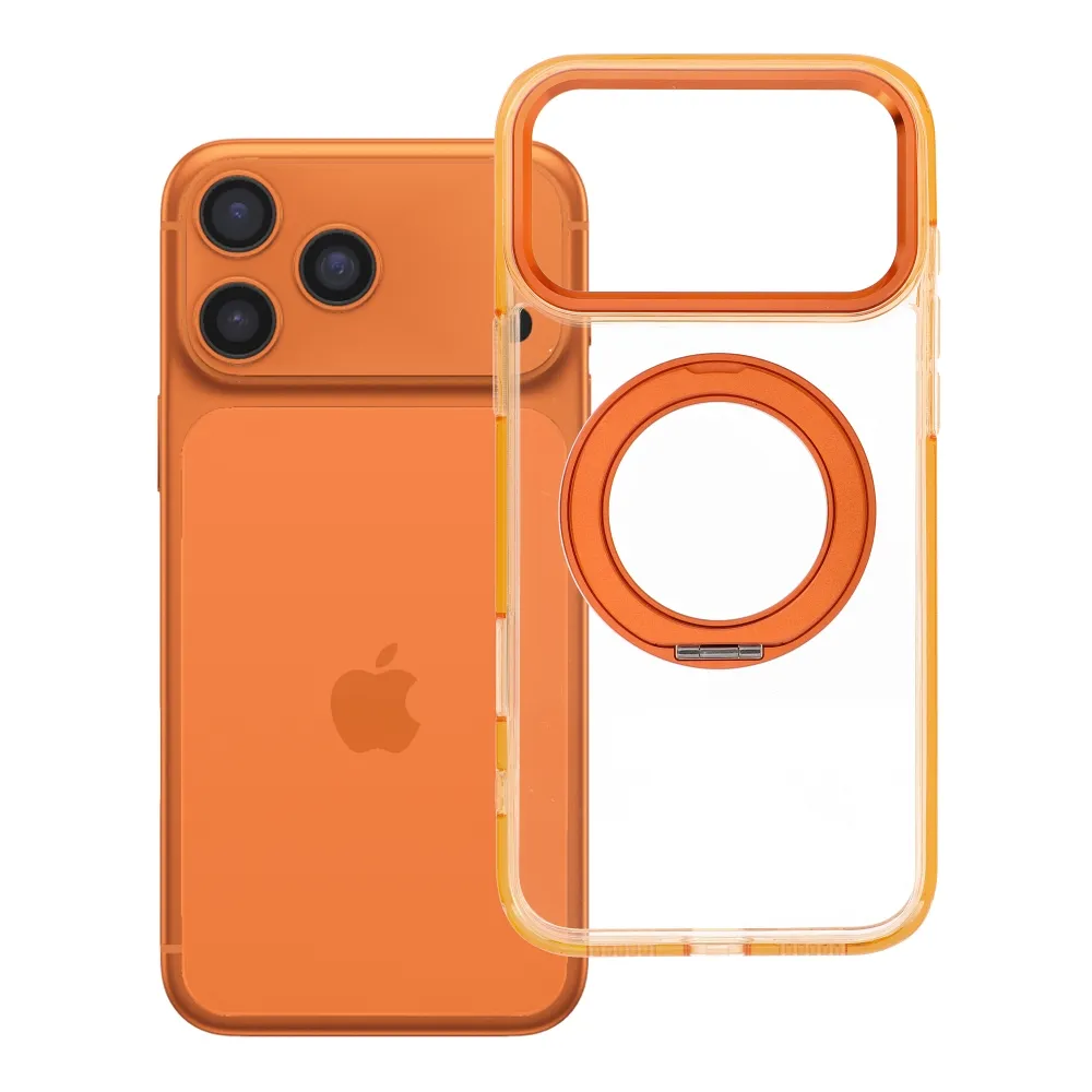 Case passend für iPhone 17 Pro Max / 18 Pro Max ( low camera edge) Frame Circle Stand kompatibel mit MagSafe orange