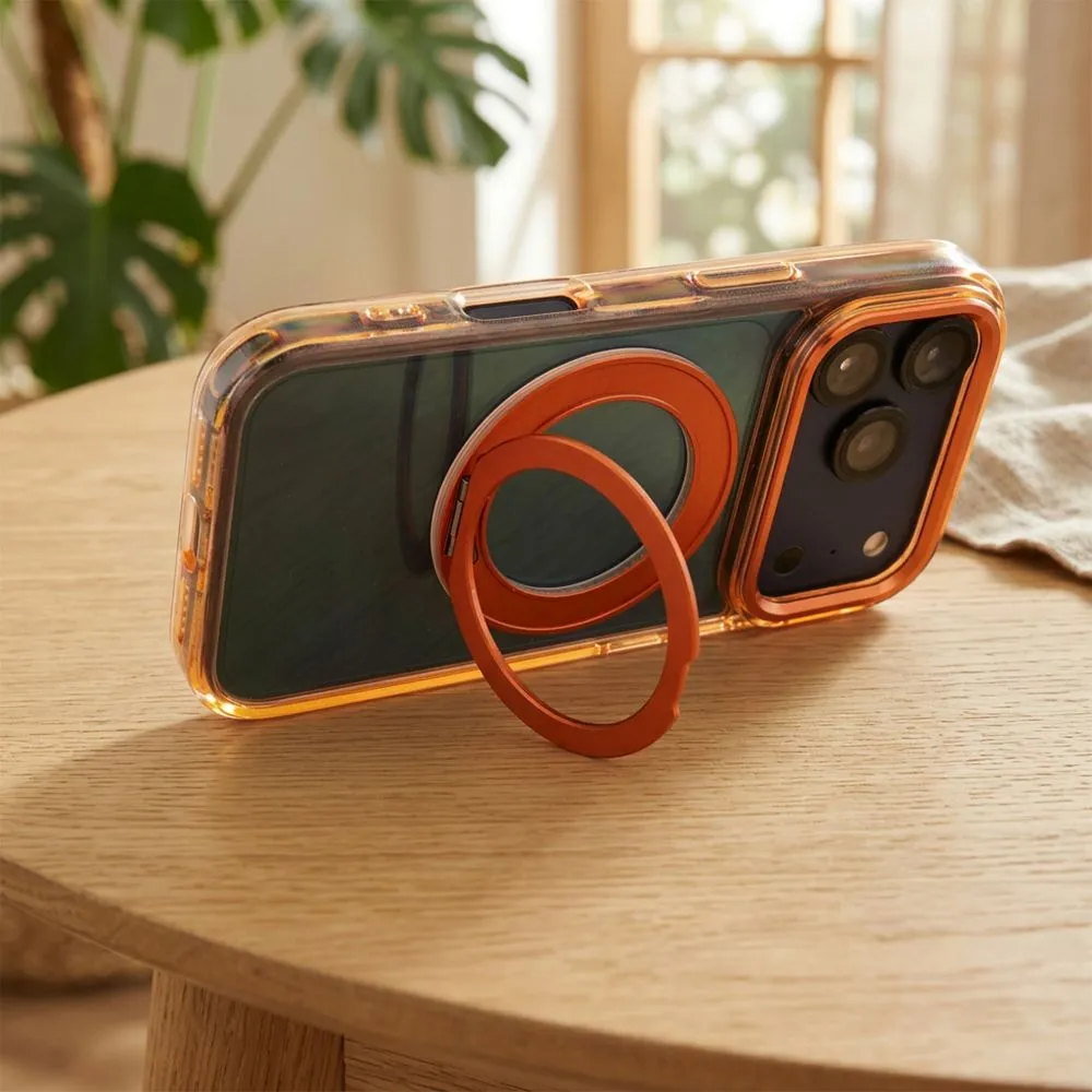 Case passend für iPhone 17 Pro Max / 18 Pro Max ( low camera edge) Frame Circle Stand kompatibel mit MagSafe orange