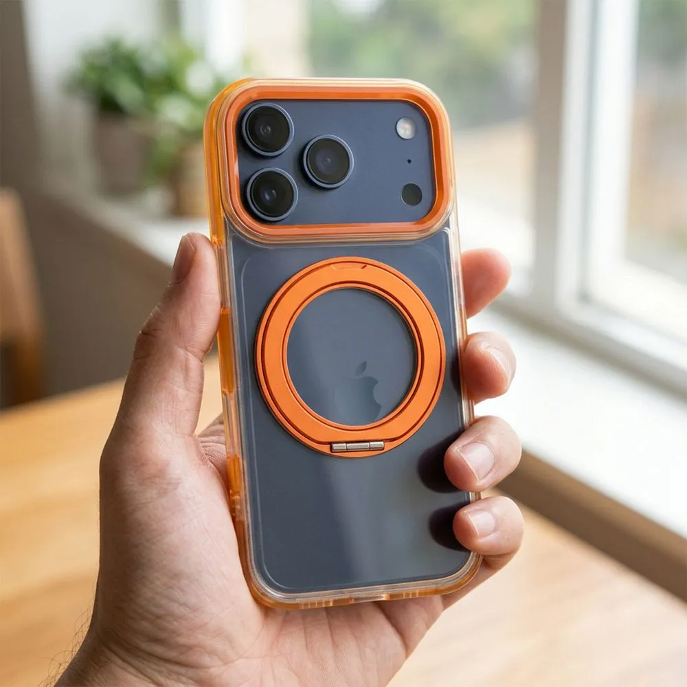 Case passend für iPhone 17 Pro Max / 18 Pro Max ( low camera edge) Frame Circle Stand kompatibel mit MagSafe orange