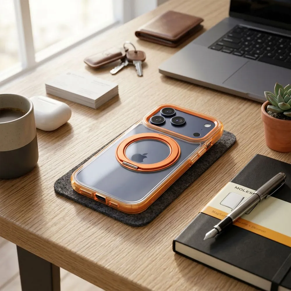 Case passend für iPhone 17 Pro Max / 18 Pro Max ( low camera edge) Frame Circle Stand kompatibel mit MagSafe orange