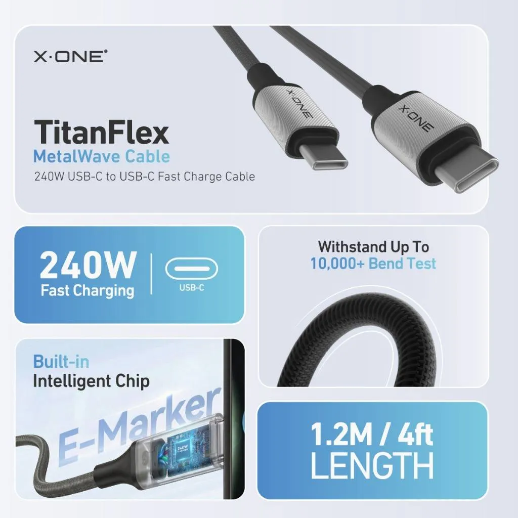 X-ONE TitanFlex data cable - type C to C - 5A max 240W 1,2 m black